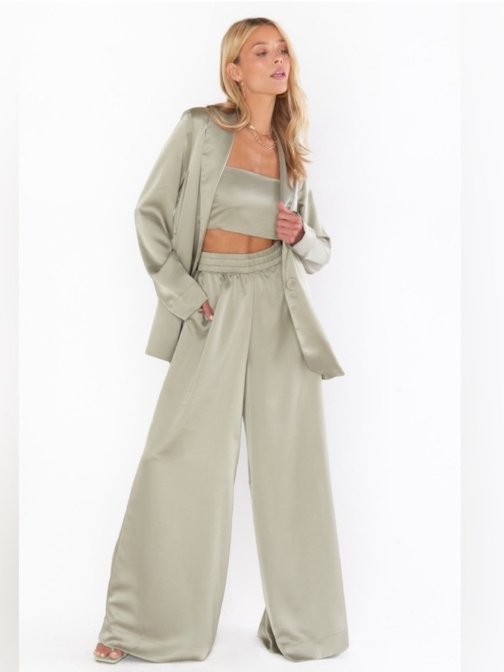 Show me your mumu tucker crop top and Irwin wide leg pants set in moss green
